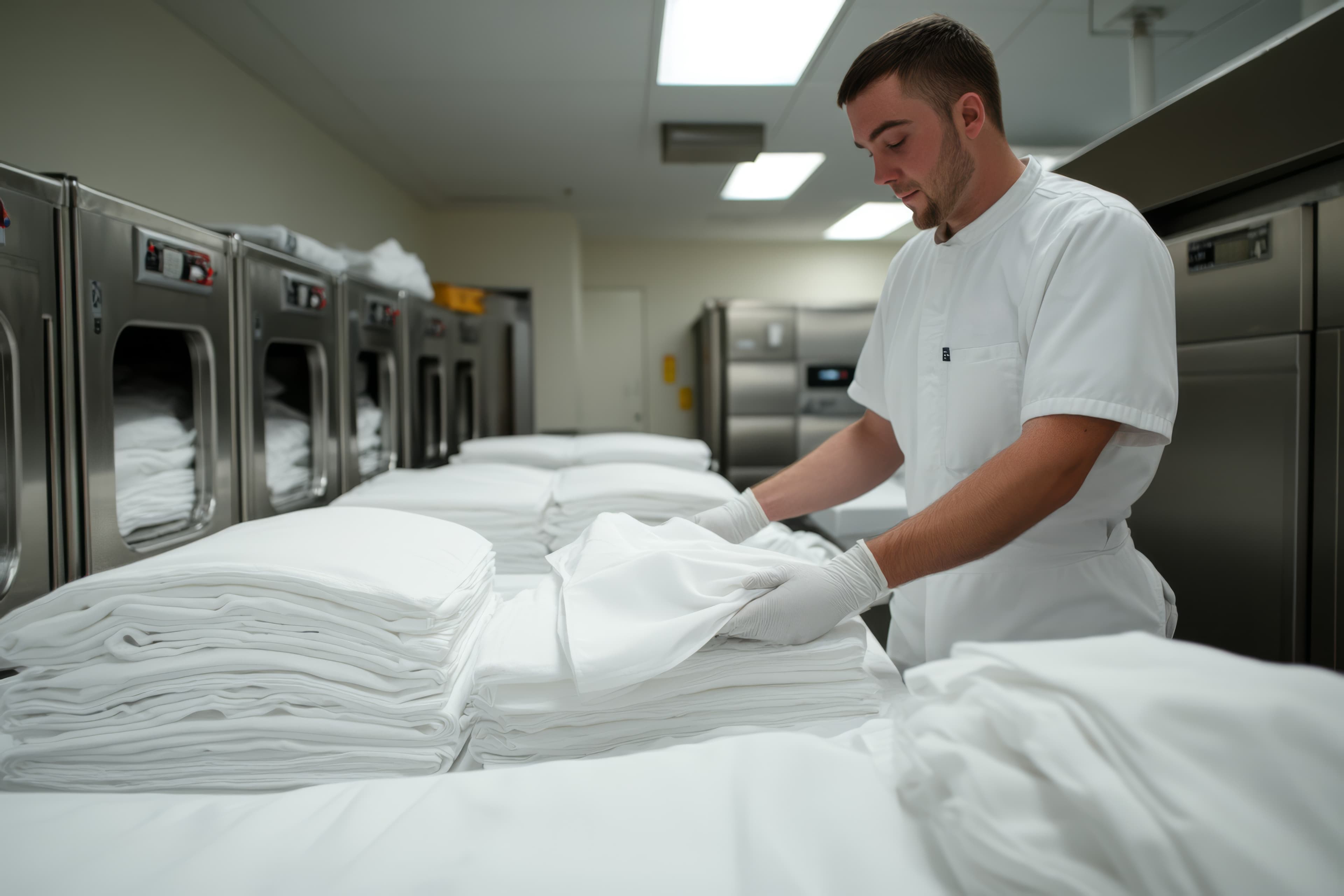 Folding Bed sheets A man folding bedsheets in a laundry shop