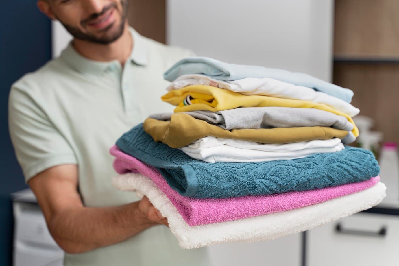 Neatly folded laundry, premium finish